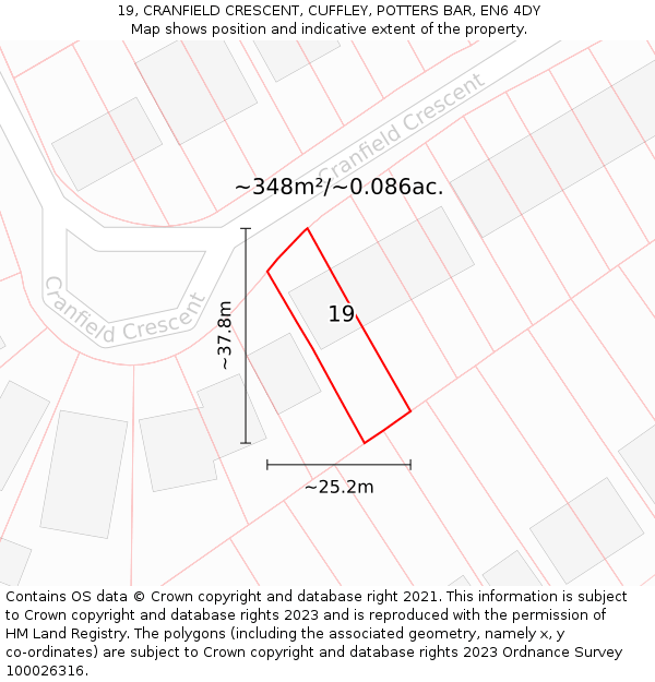 19, CRANFIELD CRESCENT, CUFFLEY, POTTERS BAR, EN6 4DY: Plot and title map