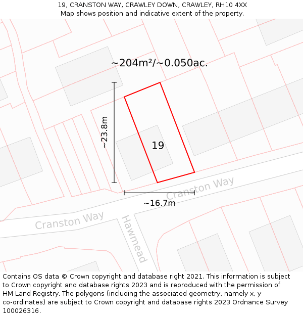 19, CRANSTON WAY, CRAWLEY DOWN, CRAWLEY, RH10 4XX: Plot and title map