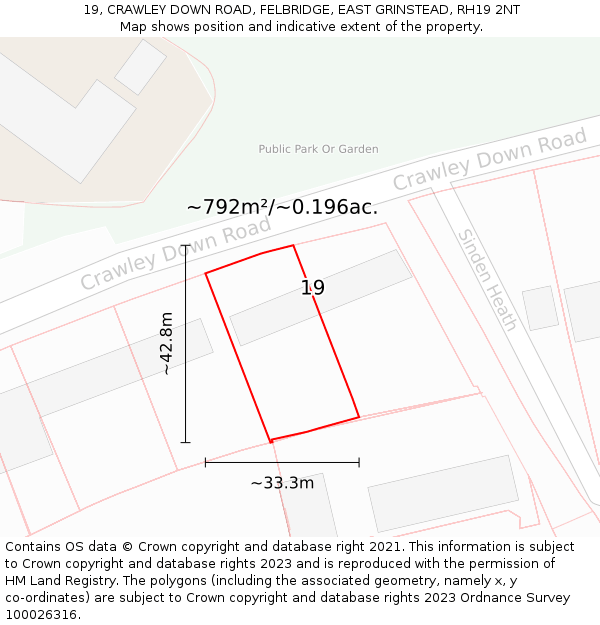 19, CRAWLEY DOWN ROAD, FELBRIDGE, EAST GRINSTEAD, RH19 2NT: Plot and title map