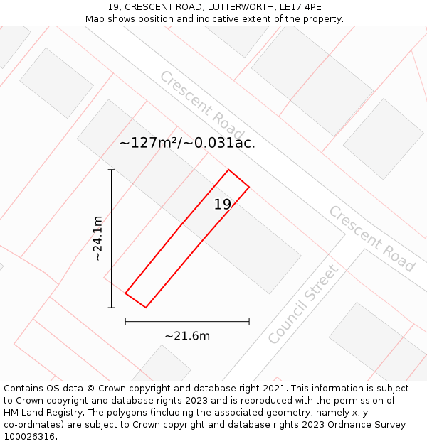 19, CRESCENT ROAD, LUTTERWORTH, LE17 4PE: Plot and title map