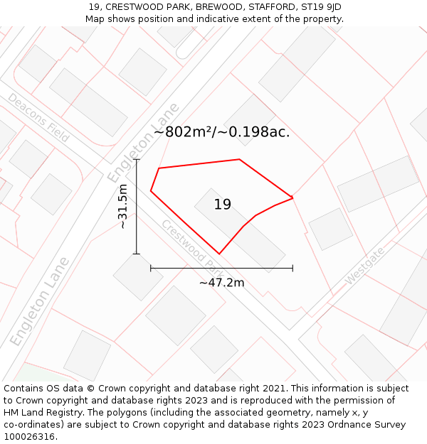 19, CRESTWOOD PARK, BREWOOD, STAFFORD, ST19 9JD: Plot and title map