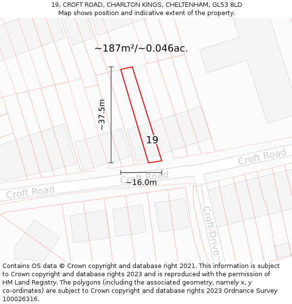 19, CROFT ROAD, CHARLTON KINGS, CHELTENHAM, GL53 8LD: Plot and title map