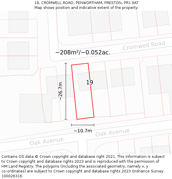 19, CROMWELL ROAD, PENWORTHAM, PRESTON, PR1 9AT: Plot and title map