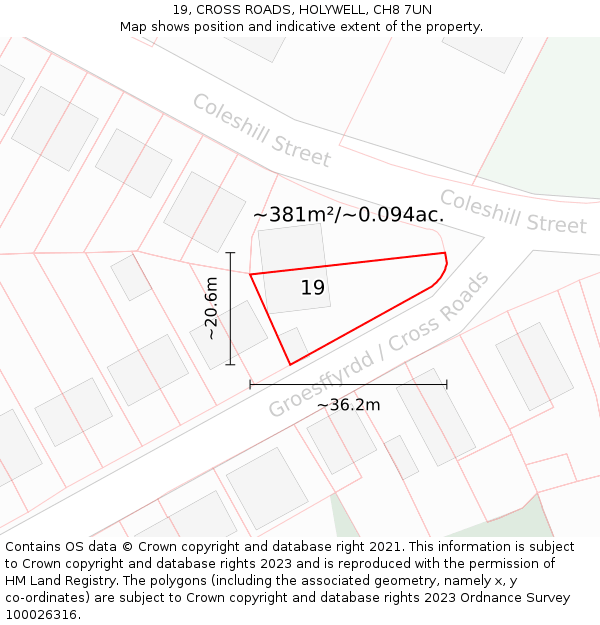 19, CROSS ROADS, HOLYWELL, CH8 7UN: Plot and title map