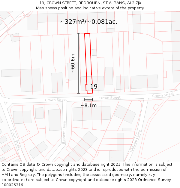 19, CROWN STREET, REDBOURN, ST ALBANS, AL3 7JX: Plot and title map