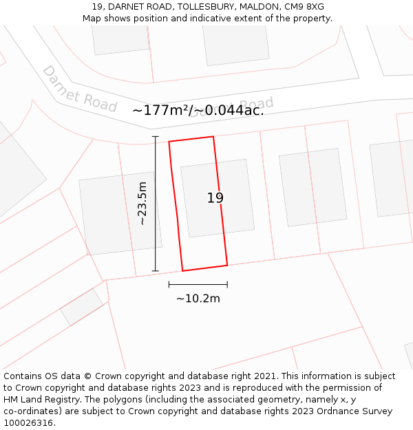 19, DARNET ROAD, TOLLESBURY, MALDON, CM9 8XG: Plot and title map