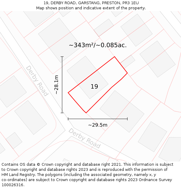 19, DERBY ROAD, GARSTANG, PRESTON, PR3 1EU: Plot and title map