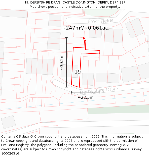 19, DERBYSHIRE DRIVE, CASTLE DONINGTON, DERBY, DE74 2EP: Plot and title map