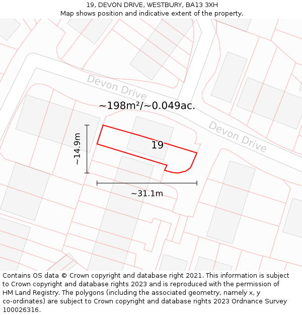 19, DEVON DRIVE, WESTBURY, BA13 3XH: Plot and title map