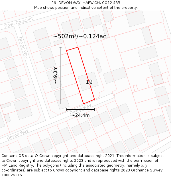 19, DEVON WAY, HARWICH, CO12 4RB: Plot and title map