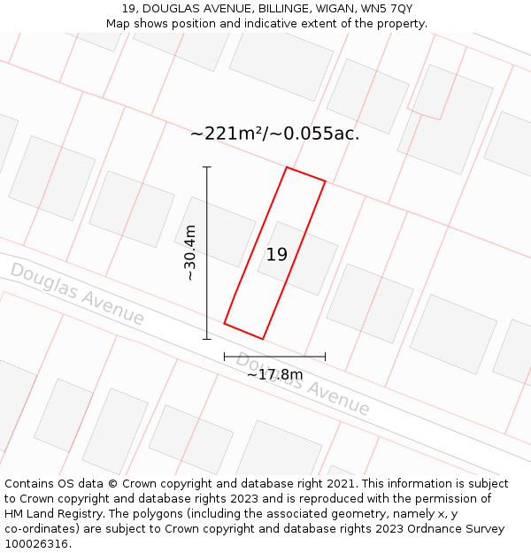 19, DOUGLAS AVENUE, BILLINGE, WIGAN, WN5 7QY: Plot and title map