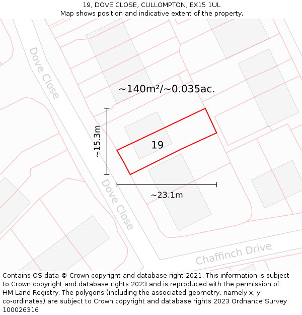 19, DOVE CLOSE, CULLOMPTON, EX15 1UL: Plot and title map