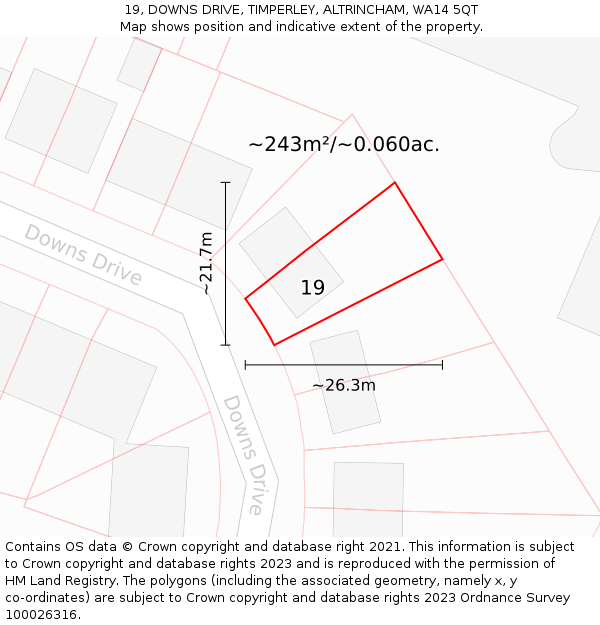 19, DOWNS DRIVE, TIMPERLEY, ALTRINCHAM, WA14 5QT: Plot and title map