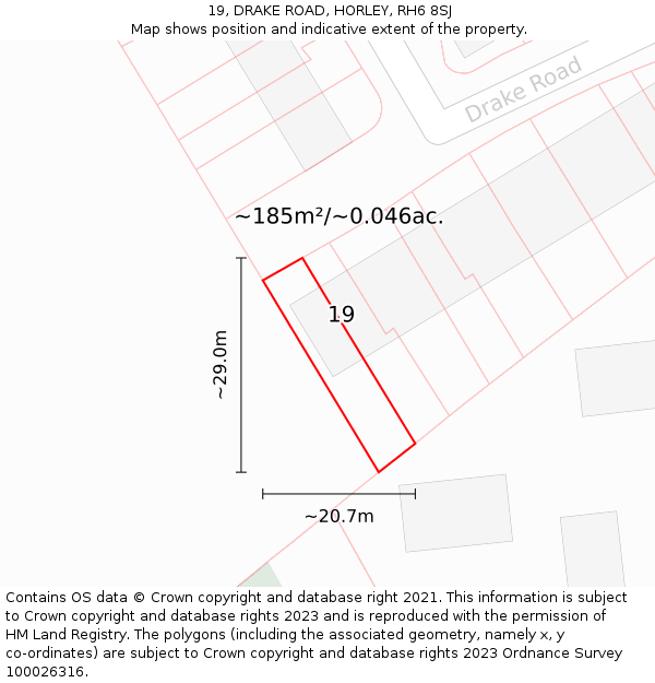 19, DRAKE ROAD, HORLEY, RH6 8SJ: Plot and title map