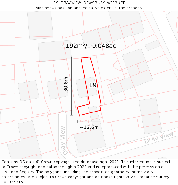 19, DRAY VIEW, DEWSBURY, WF13 4PE: Plot and title map