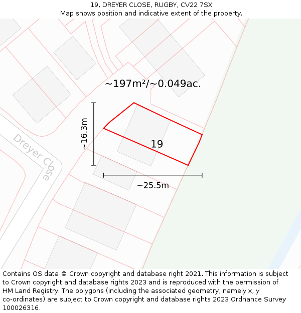 19, DREYER CLOSE, RUGBY, CV22 7SX: Plot and title map