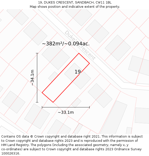 19, DUKES CRESCENT, SANDBACH, CW11 1BL: Plot and title map