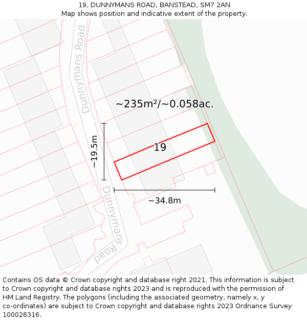 19, DUNNYMANS ROAD, BANSTEAD, SM7 2AN: Plot and title map