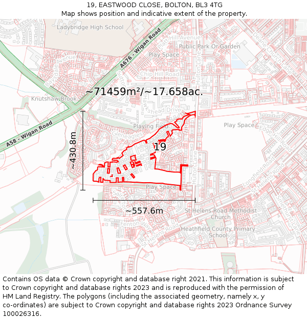 19, EASTWOOD CLOSE, BOLTON, BL3 4TG: Plot and title map