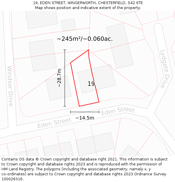 19, EDEN STREET, WINGERWORTH, CHESTERFIELD, S42 6TE: Plot and title map