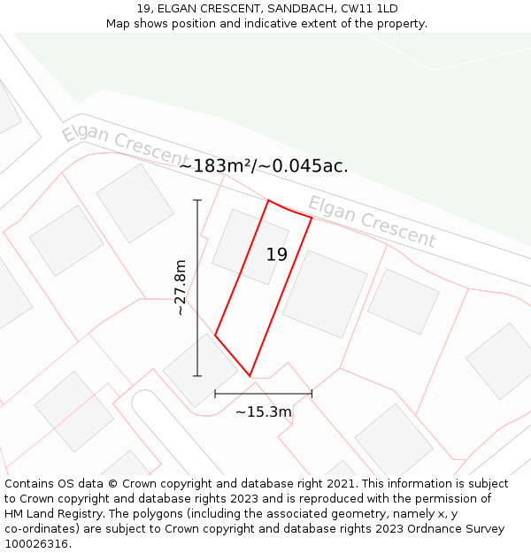 19, ELGAN CRESCENT, SANDBACH, CW11 1LD: Plot and title map