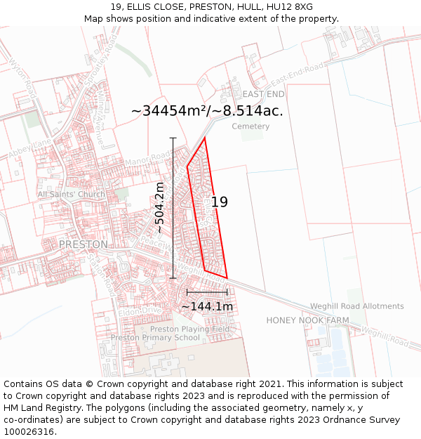 19, ELLIS CLOSE, PRESTON, HULL, HU12 8XG: Plot and title map