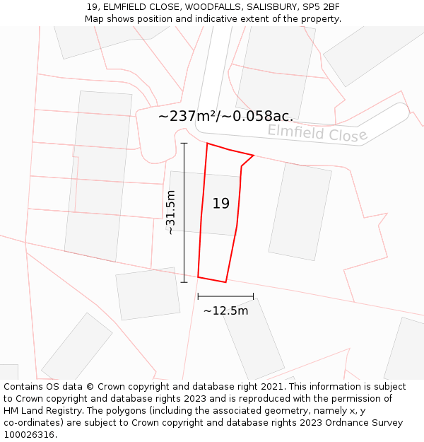 19, ELMFIELD CLOSE, WOODFALLS, SALISBURY, SP5 2BF: Plot and title map