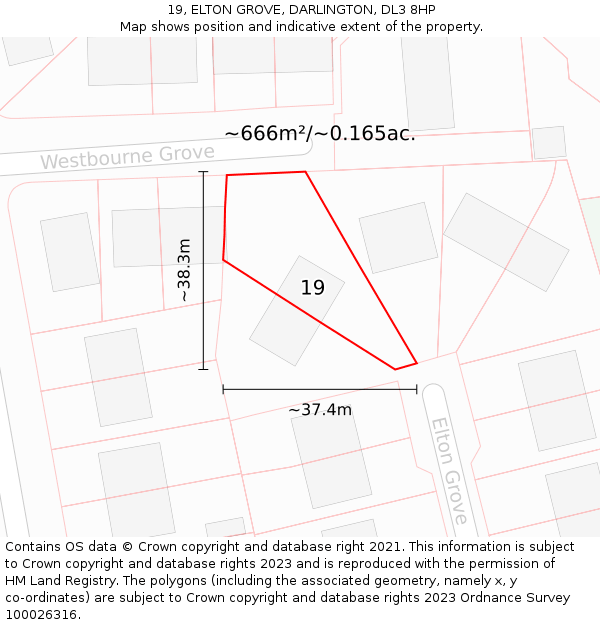 19, ELTON GROVE, DARLINGTON, DL3 8HP: Plot and title map