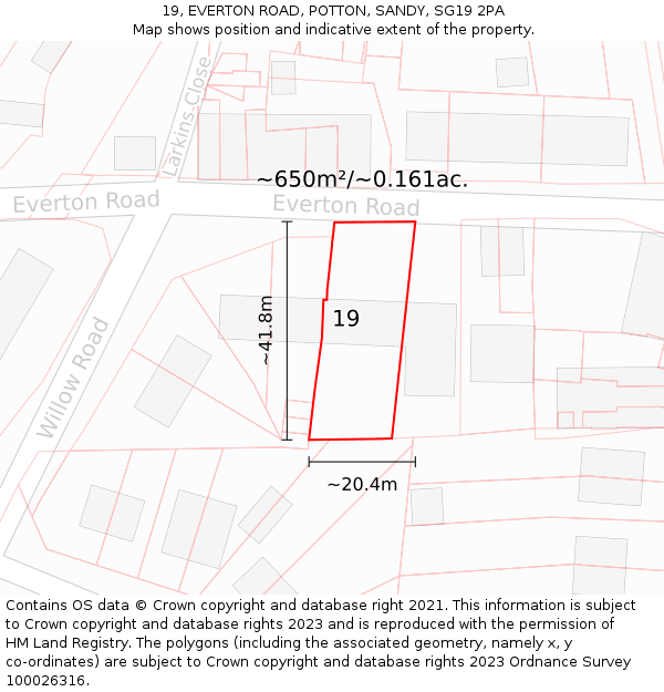 19, EVERTON ROAD, POTTON, SANDY, SG19 2PA: Plot and title map