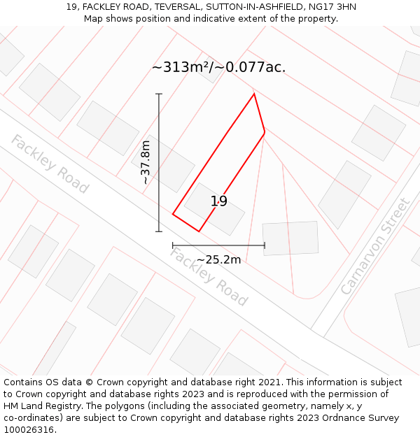 19, FACKLEY ROAD, TEVERSAL, SUTTON-IN-ASHFIELD, NG17 3HN: Plot and title map