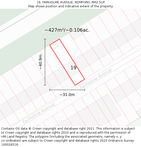 19, FAIRHOLME AVENUE, ROMFORD, RM2 5UP: Plot and title map