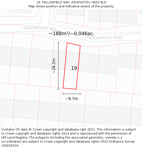 19, FALLOWFIELD WAY, ASHINGTON, NE63 8LD: Plot and title map