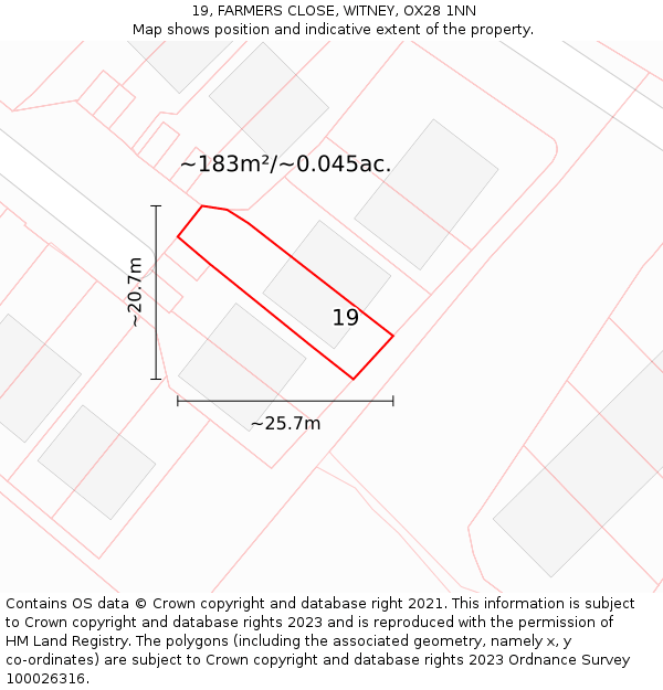 19, FARMERS CLOSE, WITNEY, OX28 1NN: Plot and title map