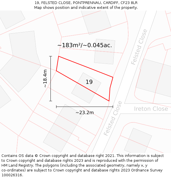 19, FELSTED CLOSE, PONTPRENNAU, CARDIFF, CF23 8LR: Plot and title map