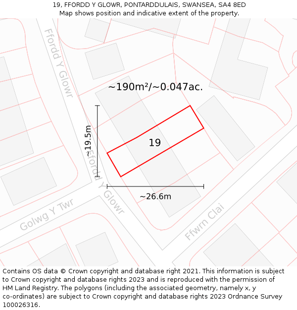 19, FFORDD Y GLOWR, PONTARDDULAIS, SWANSEA, SA4 8ED: Plot and title map