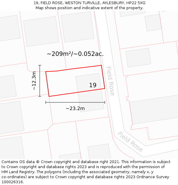 19, FIELD ROSE, WESTON TURVILLE, AYLESBURY, HP22 5XG: Plot and title map