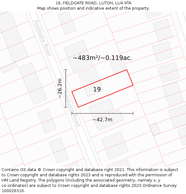 19, FIELDGATE ROAD, LUTON, LU4 9TA: Plot and title map