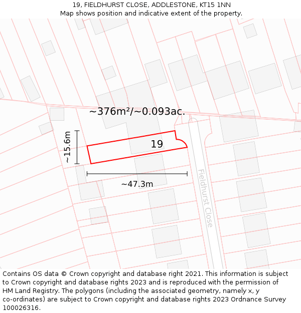 19, FIELDHURST CLOSE, ADDLESTONE, KT15 1NN: Plot and title map