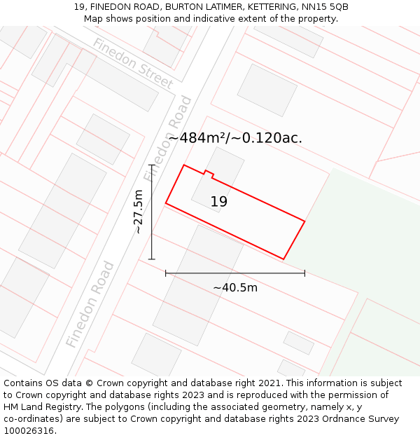 19, FINEDON ROAD, BURTON LATIMER, KETTERING, NN15 5QB: Plot and title map