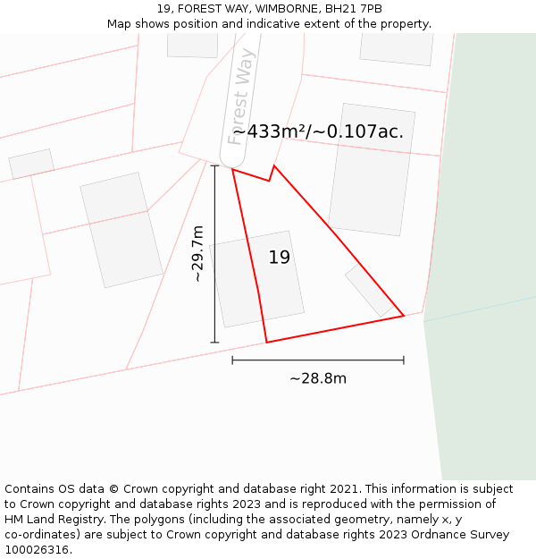 19, FOREST WAY, WIMBORNE, BH21 7PB: Plot and title map