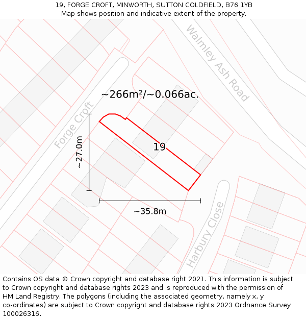 19, FORGE CROFT, MINWORTH, SUTTON COLDFIELD, B76 1YB: Plot and title map