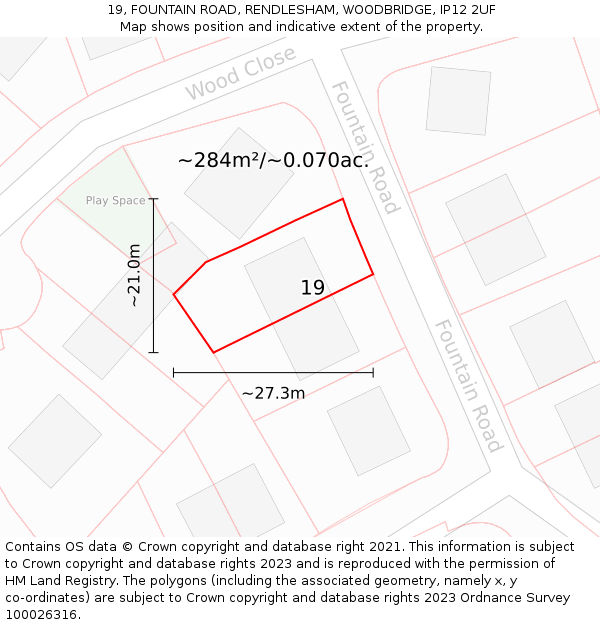 19, FOUNTAIN ROAD, RENDLESHAM, WOODBRIDGE, IP12 2UF: Plot and title map