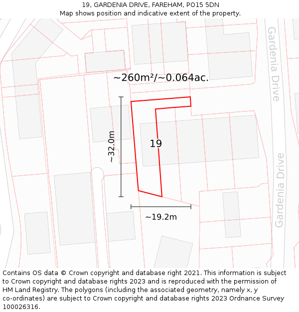 19, GARDENIA DRIVE, FAREHAM, PO15 5DN: Plot and title map