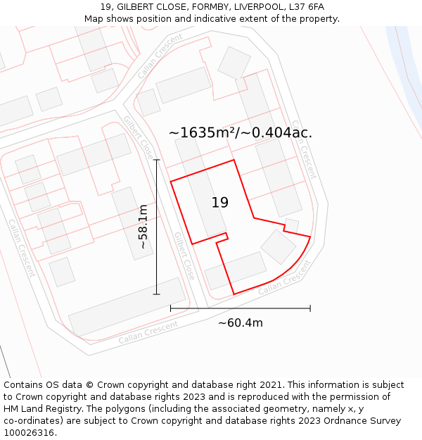 19, GILBERT CLOSE, FORMBY, LIVERPOOL, L37 6FA: Plot and title map