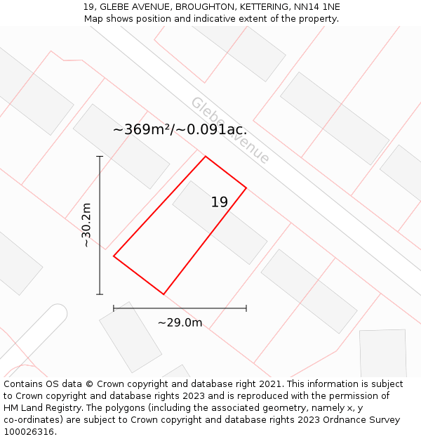 19, GLEBE AVENUE, BROUGHTON, KETTERING, NN14 1NE: Plot and title map