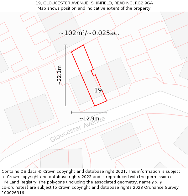 19, GLOUCESTER AVENUE, SHINFIELD, READING, RG2 9GA: Plot and title map