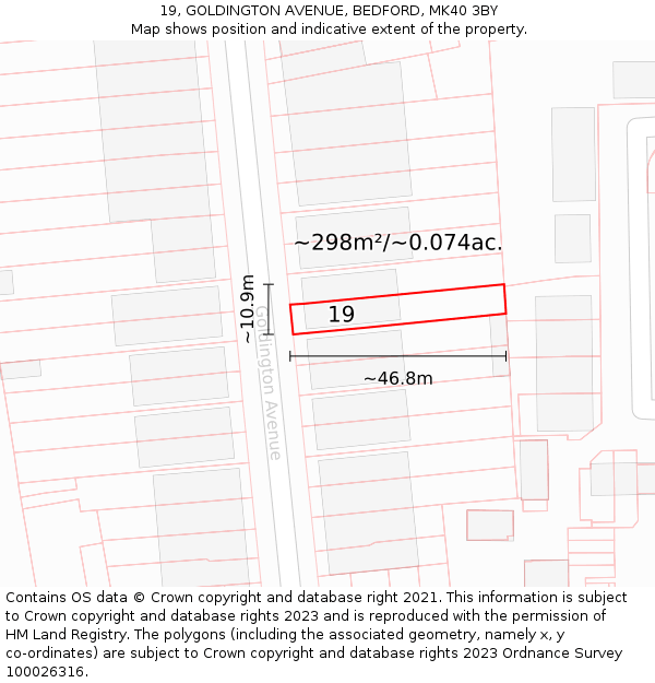 19, GOLDINGTON AVENUE, BEDFORD, MK40 3BY: Plot and title map