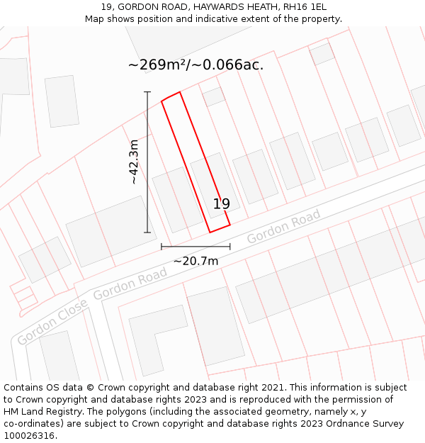 19, GORDON ROAD, HAYWARDS HEATH, RH16 1EL: Plot and title map