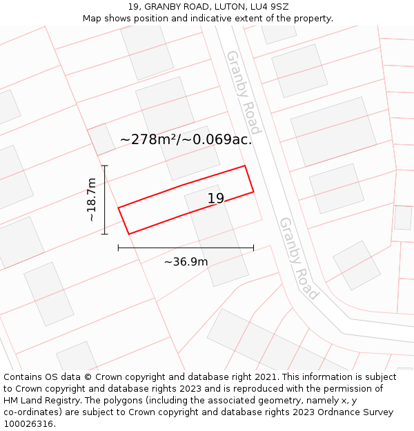 19, GRANBY ROAD, LUTON, LU4 9SZ: Plot and title map