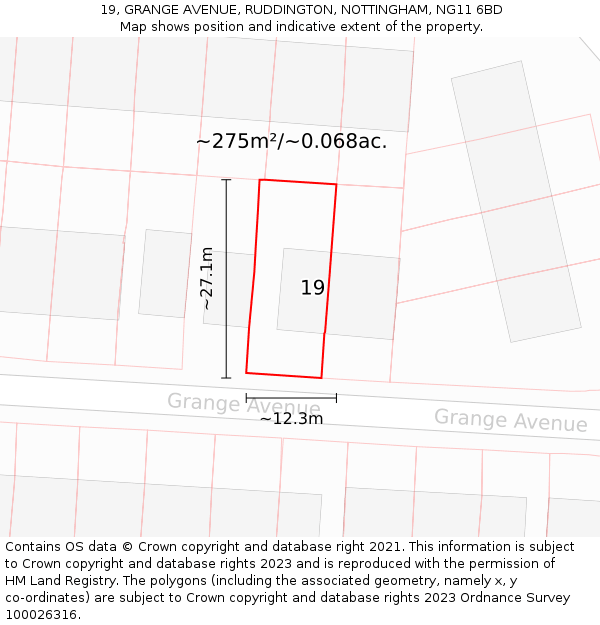 19, GRANGE AVENUE, RUDDINGTON, NOTTINGHAM, NG11 6BD: Plot and title map